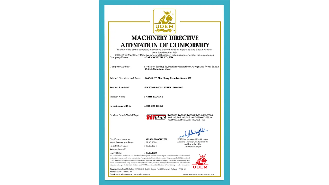 GATmatic wheel balancer certificate