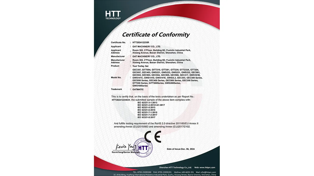 GATmatic garage storage & Tool trolley certificate