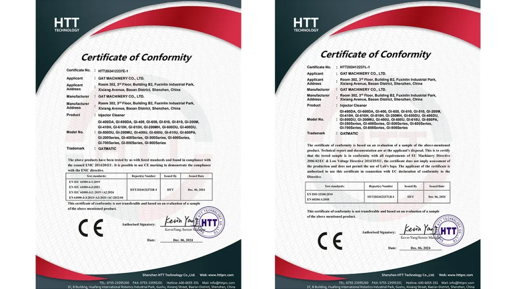 Advanced injector cleaning and testing equipment certificate
